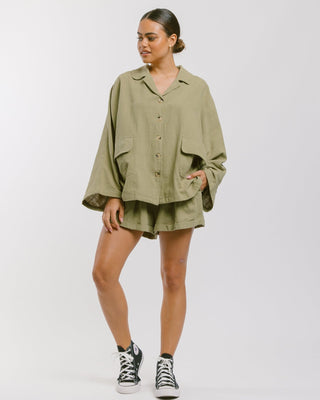 The Lullaby Club_Womens Lounge Set_Cotton/linen button up shirt and shorts