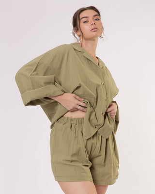 The Lullaby Club_Womens Lounge Set_Cotton/linen button up shirt and shorts