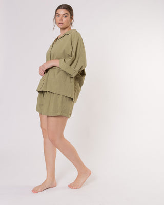 The Lullaby Club_Womens Lounge Set_Cotton/linen button up shirt and shorts