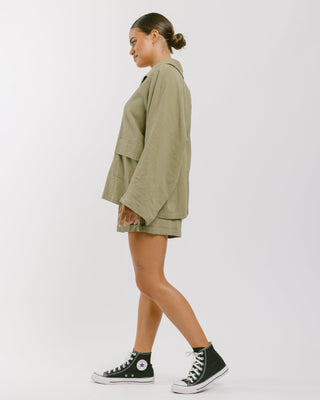 The Lullaby Club_Womens Lounge Set_Cotton/linen button up shirt and shorts