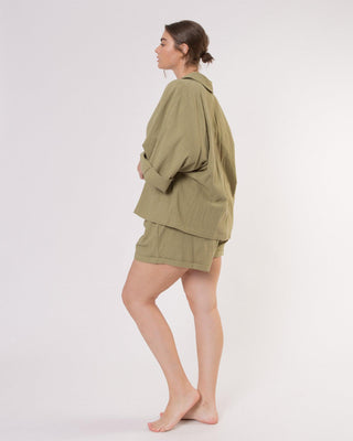 The Lullaby Club_Womens Lounge Set_Cotton/linen button up shirt and shorts