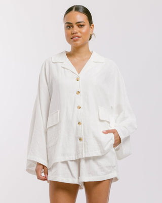 The Lullaby Club_Womens Lounge Set_Cotton/linen button up shirt and shorts