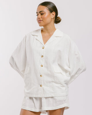 The Lullaby Club_Womens Lounge Set_Cotton/linen button up shirt and shorts