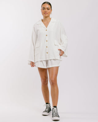 The Lullaby Club_Womens Lounge Set_Cotton/linen button up shirt and shorts