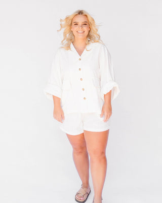 The Lullaby Club_Womens Lounge Set_Cotton/linen button up shirt and shorts