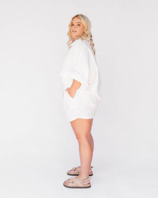 The Lullaby Club_Womens Lounge Set_Cotton/linen button up shirt and shorts